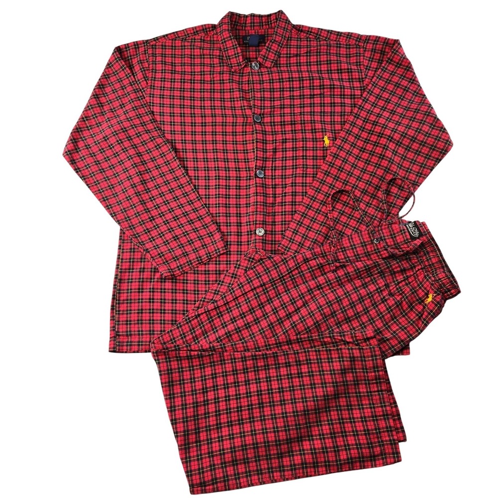 Polo Ralph Lauren Pajama Set Mens M Red Plaid Flannel 2 Piece Sleepwear - Picture 1 of 16